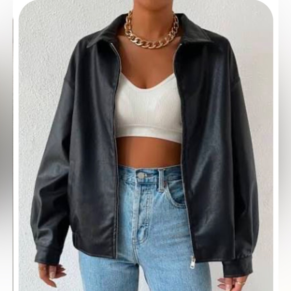 SHEIN Black Faux Leather Collar Jacket